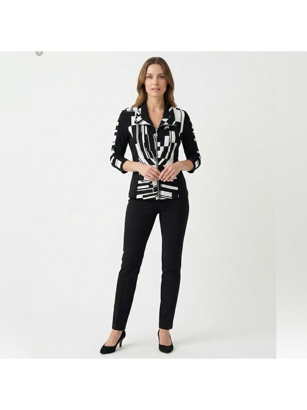 JOSEPH RIBKOFF Stretch Jersey Knit Long Sleeve Blazer Rusched Sleeves Zip Close